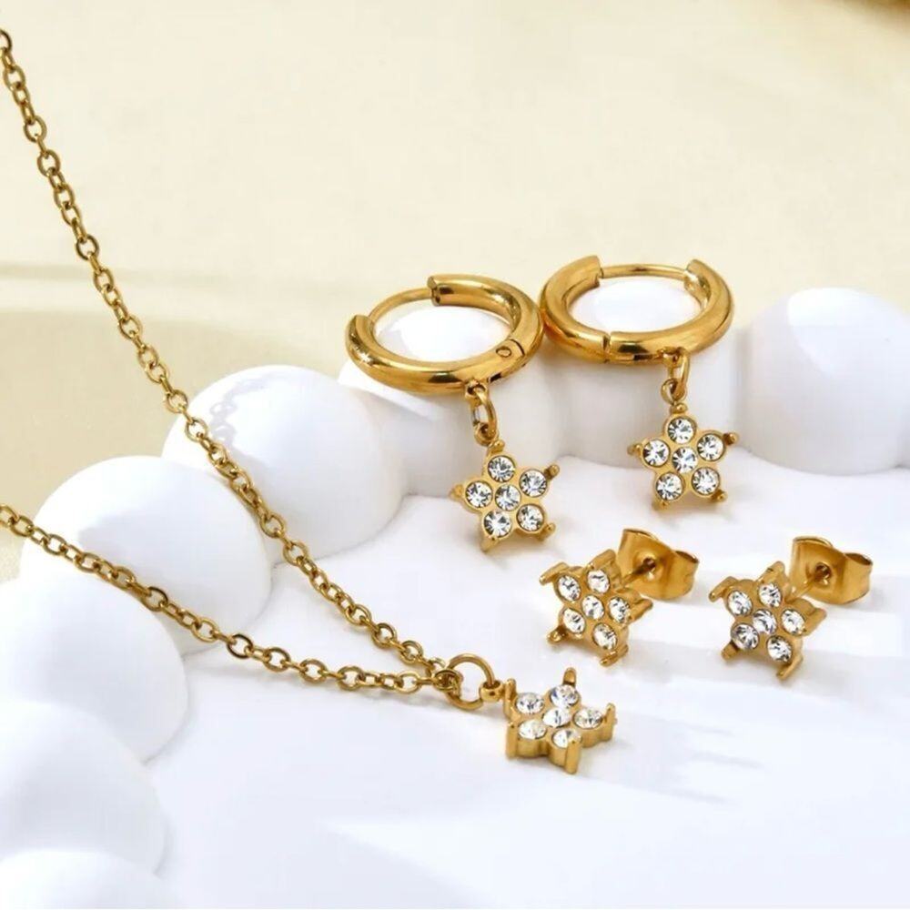 Gold Plated Stars Zircon Necklace and Earrings Set